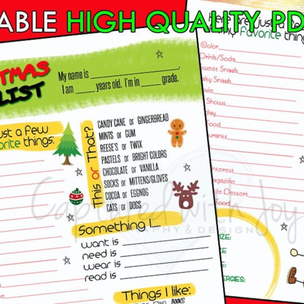 Printable Christmas Wish List, Instant PDF Download, Printable Wish List, 8.5"x11"