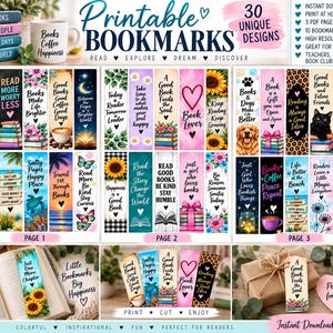 May include: A collection of 30 printable bookmarks featuring diverse designs with floral patterns, animals, and inspirational quotes. The set includes three pages of high-resolution digital files with various themes like books, coffee, nature, and beach scenes.