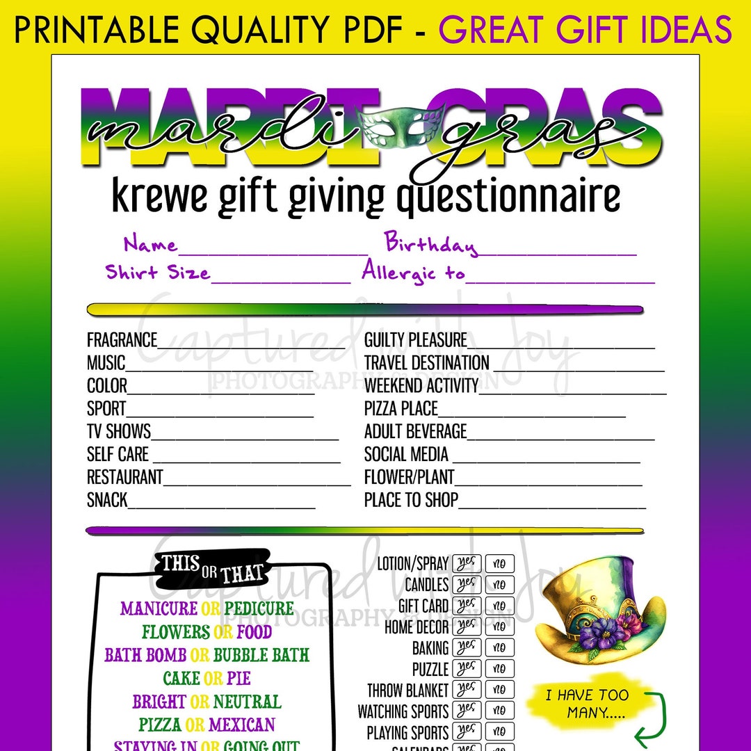 Printable PDF MARDI GRAS Themed Gift Giving Questionnaire Etsy