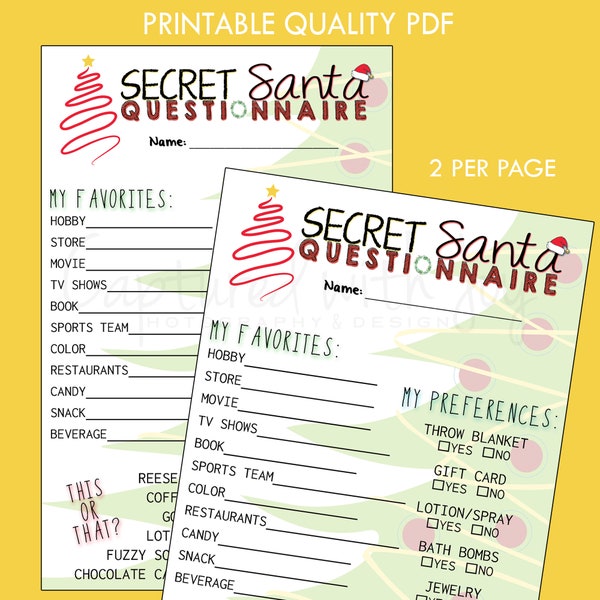 SMALLER PDF Secret Santa Questionnaire for Gift Exchange (Work or Personal) - 2 per page