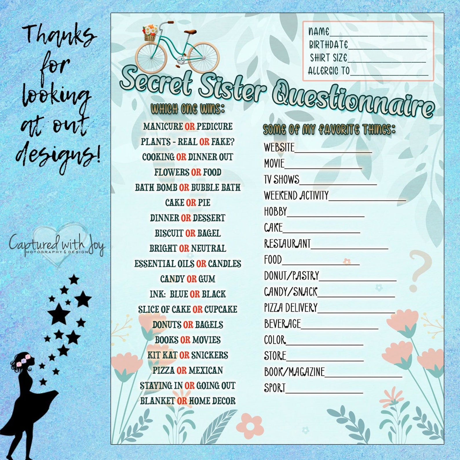 Printable PDF Secret SISTER Questionnaire work or Personal 2 Etsy