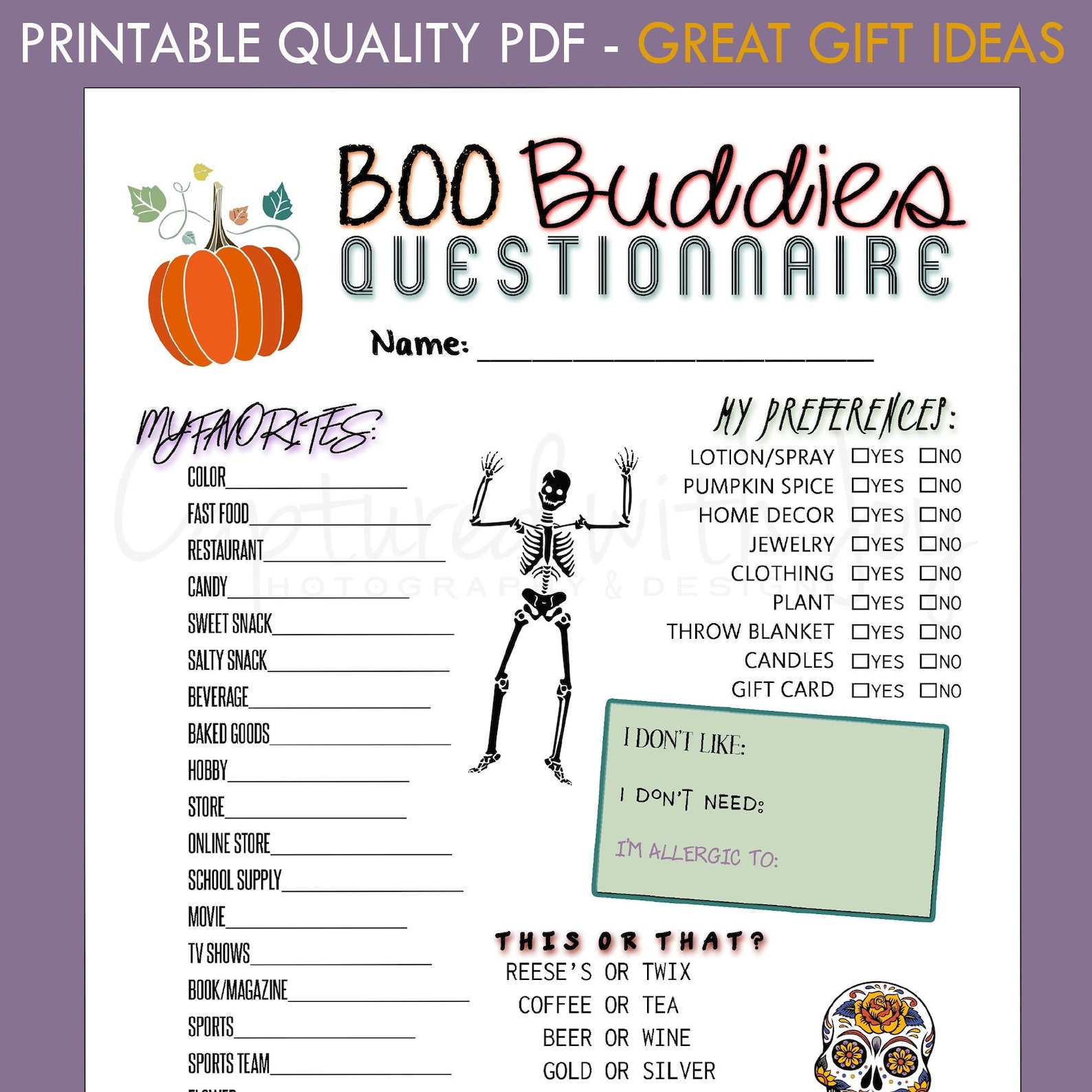 Printable PDF Boo Buddies Questionnaire for Halloween Theme Gift Printable PDF Boo Buddies Questionnaire for Halloween Theme Gift