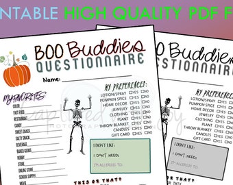 Printable PDF - Boo Buddies Questionnaire for Halloween Theme Gift Exchange (Work or Personal)