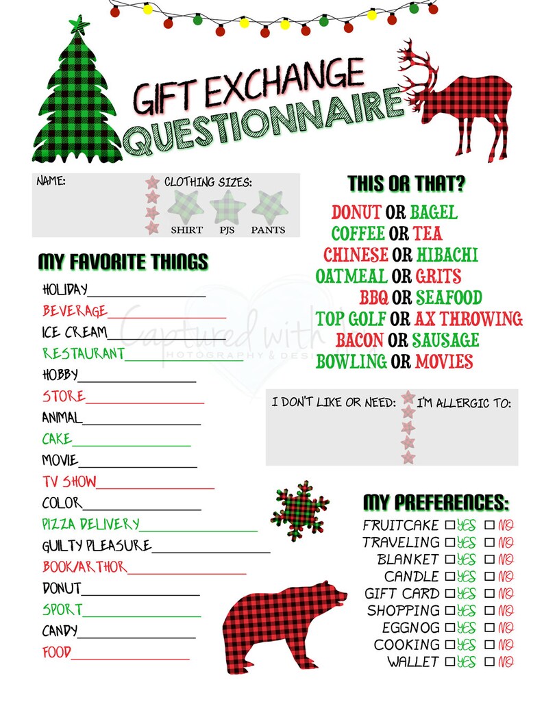 Printable PDF Gift Exchange Questionnaire PLAID DESIGN work Etsy