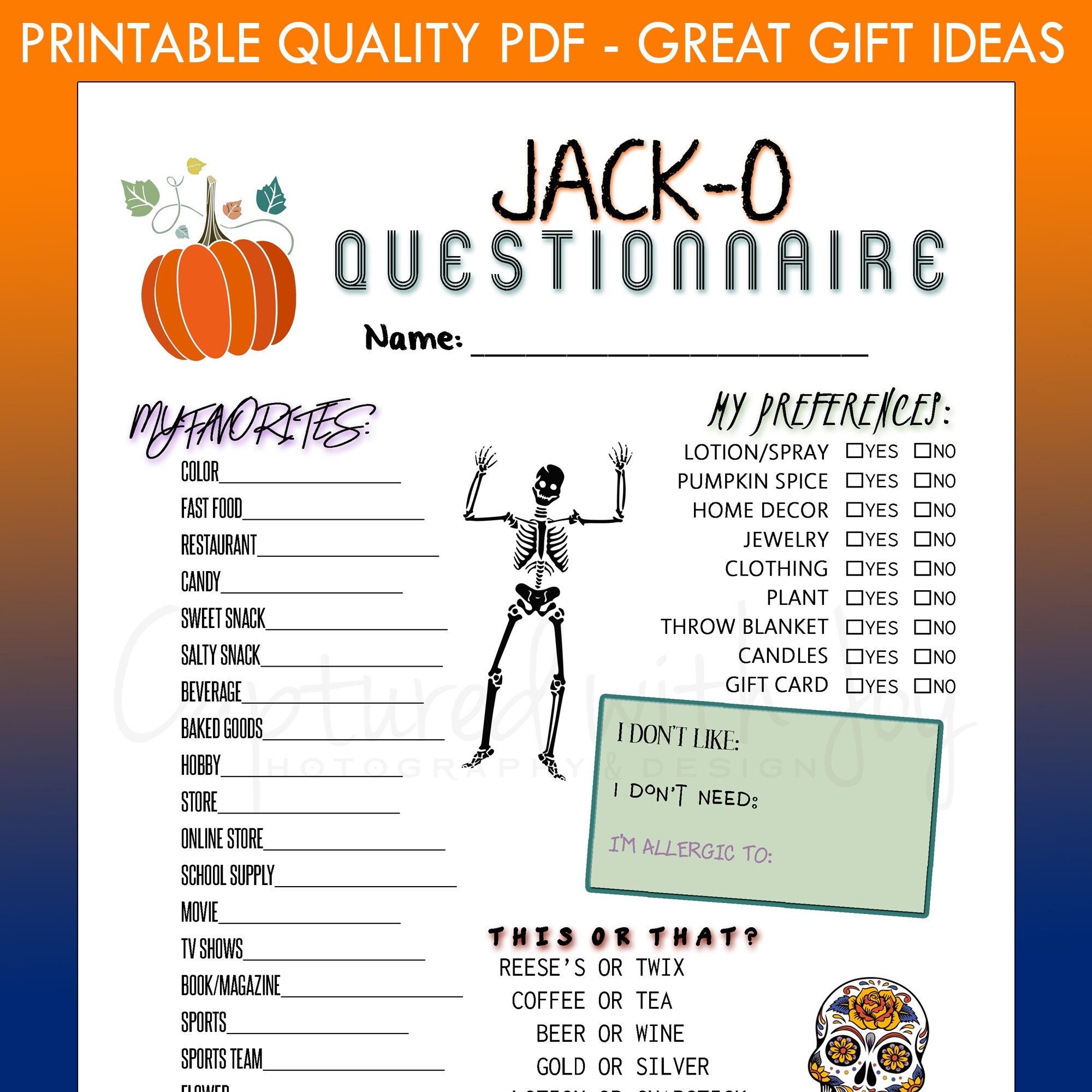 Printable PDF Jackoquestionnaire for Halloween Theme Gift Exchange