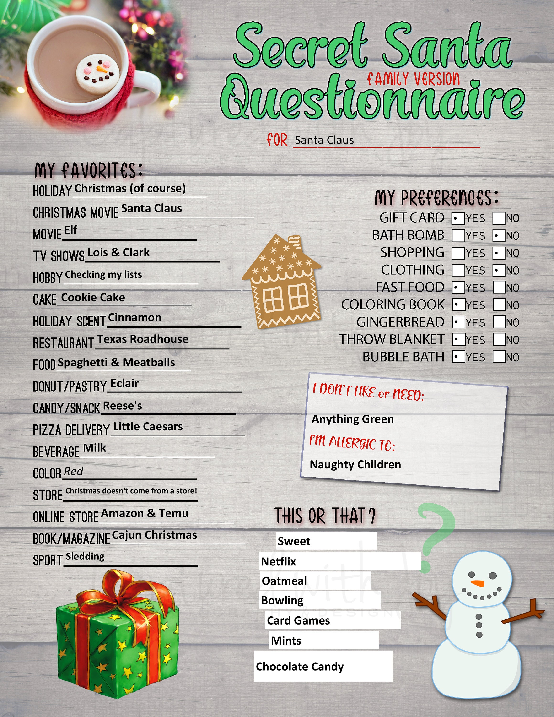 FILLABLE PDF Gift Exchange Questionnaire - Secret Santa (FAMILY Version ...