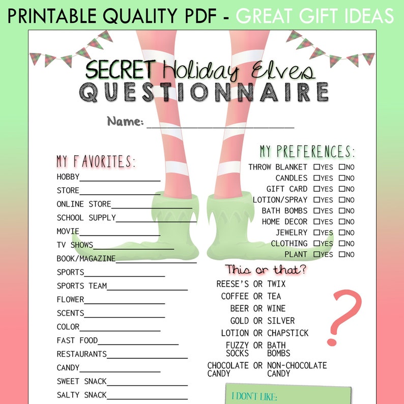 FILLABLE Printable PDF Secret Holiday Elves Gift Exchange Questionnaire ...