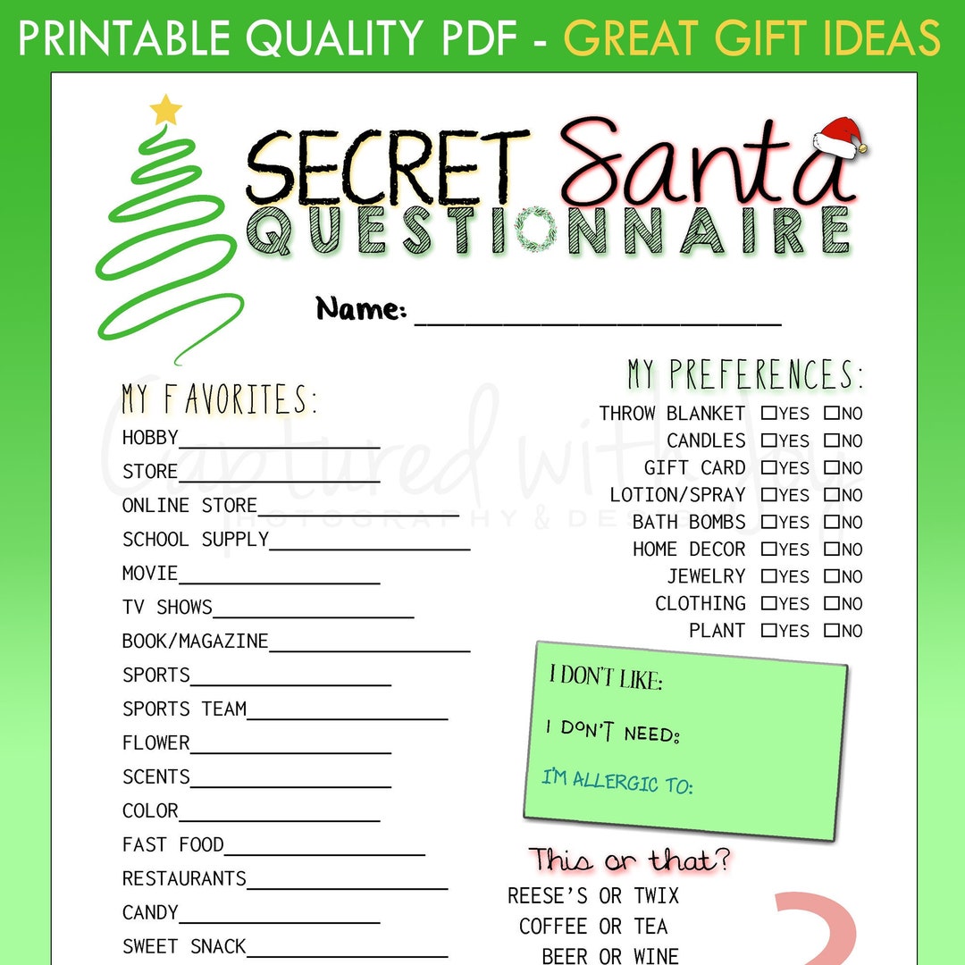 Printable PDF Secret Santa Questionnaire for Gift Exchange work or ...
