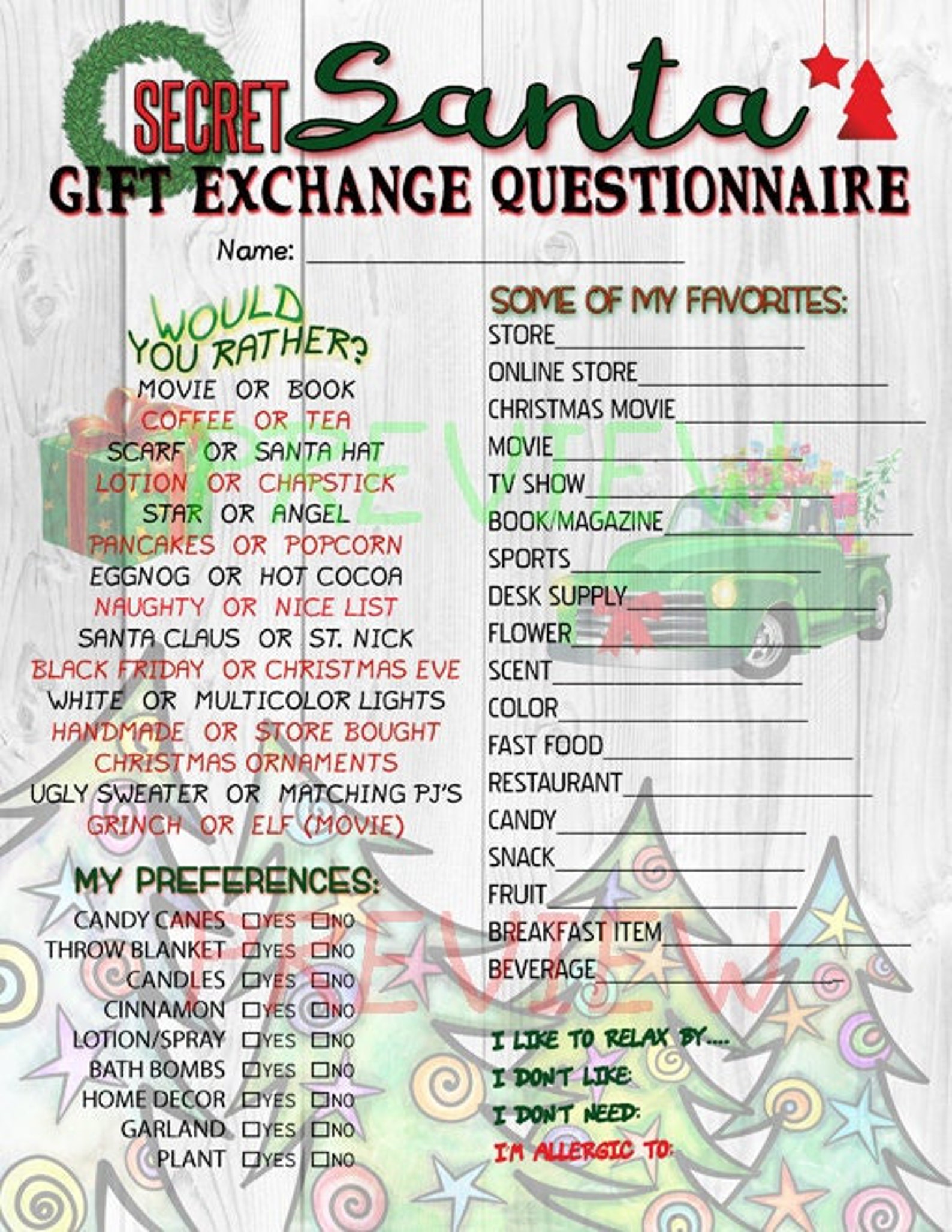 Printable PDF Secret Santa Gift Exchange Questionnaire Work Etsy Printable PDF Secret Santa Gift Exchange Questionnaire Work Etsy