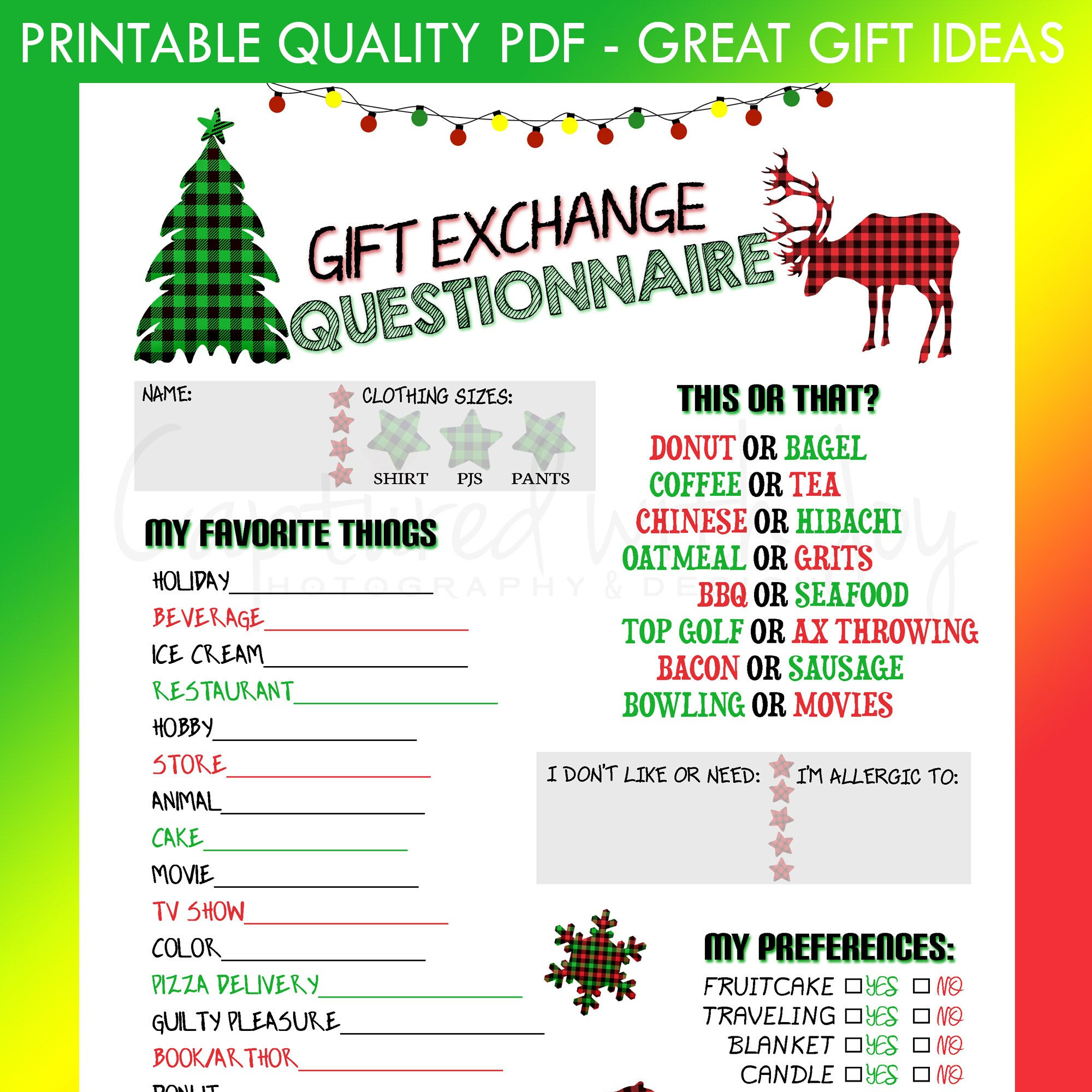Fillable Printable PDF Gift Exchange Questionnaire - PLAID DESIGN (work ...