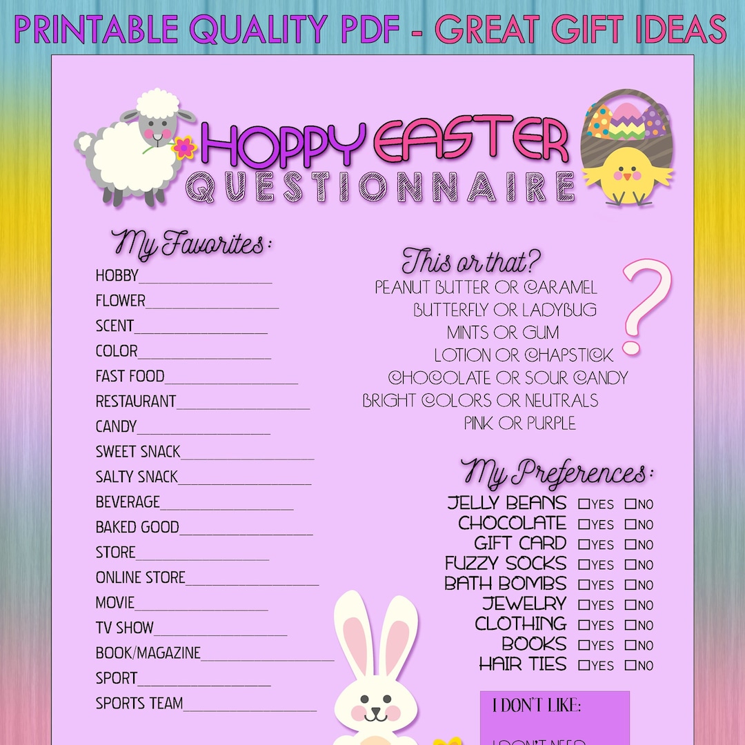 PRINTABLE PDF - Hoppy Easter Questionnaire (gift Exchange, Gift Ideas ...
