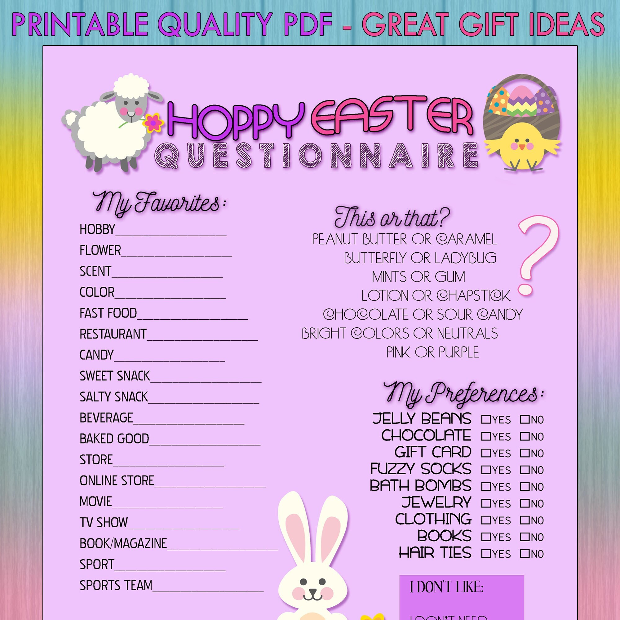 PRINTABLE PDF Hoppy Easter Questionnaire gift Exchange, Gift Ideas