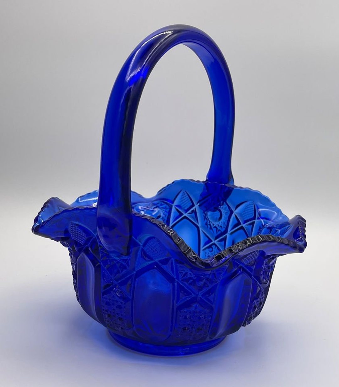 L.E. Smith Cobalt Blue Glass Basket Etsy