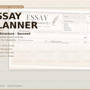Essayplanner afdrukbaar | Gids voor structuur, scriptie en alinea's | Direct downloaden | A4-sjabloon voor studenten