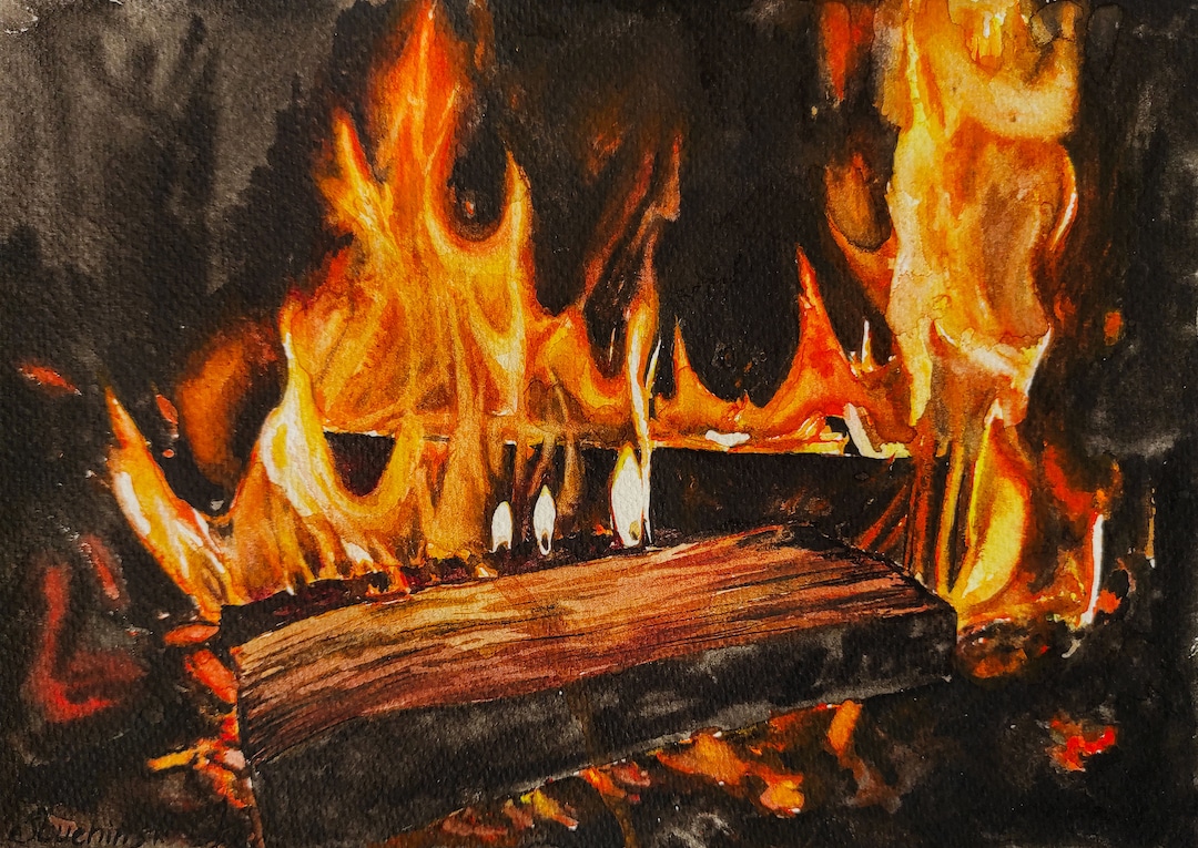 Fire Painting Watercolor Original Art Flame Artwork Fireplace Wall Art