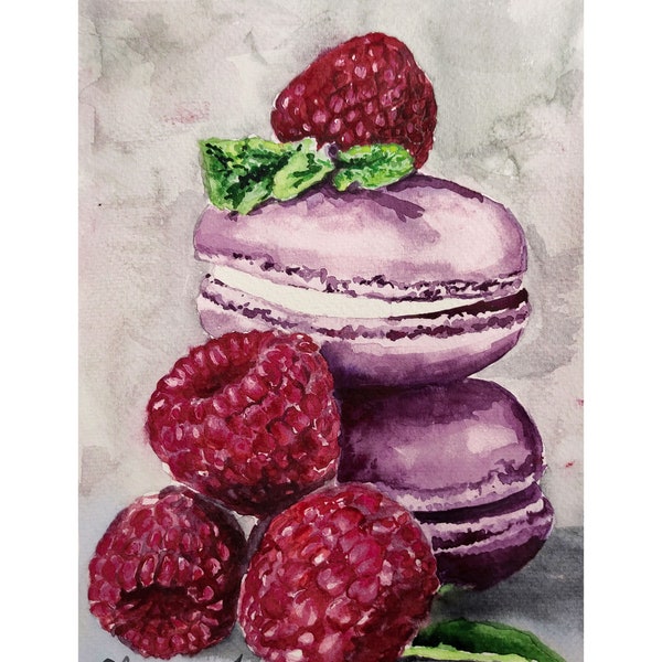 Raspberry Painting Watercolor Original Art Macaron Painting Food Still Life Kitchen Wall Art 7"by 10" by AlinaArtsGallery