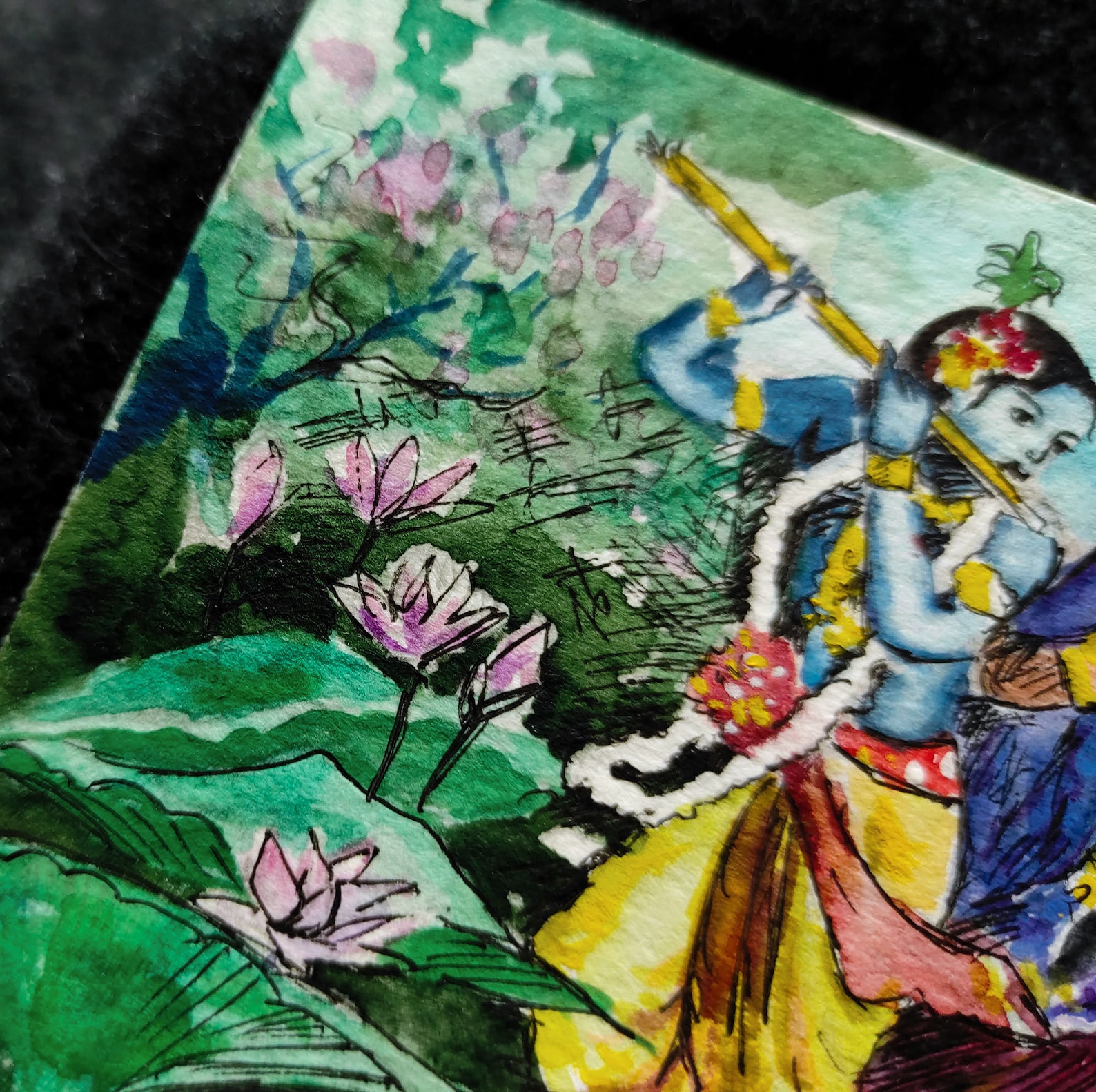 Krishna Painting Hindu Watercolor Original Art Vibrant Artwork Etsy