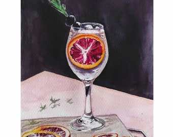 Cocktail Painting Watercolor Original Art Orange Wall Art Bar Artwork Still Life Vibrant Wall Art 7"By 10" by AlinaArtsGallery