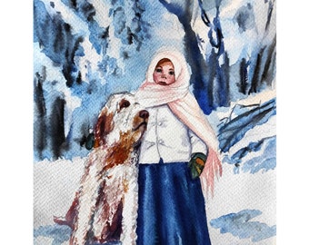 Girl Painting Winter Watercolor Retro Original Art Dog Artwork Christmas Wall Art by AlinaArtsGallery