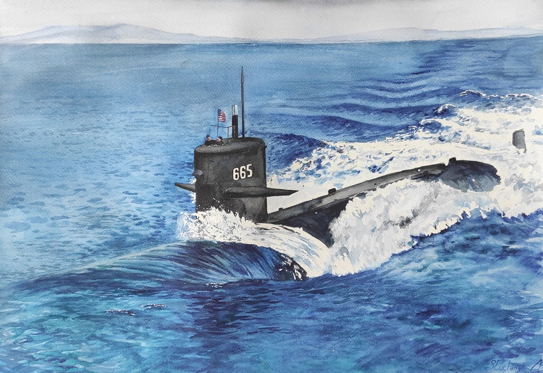 Submarine Painting Watercolor Original US Navy Artwork Seascape Ocean