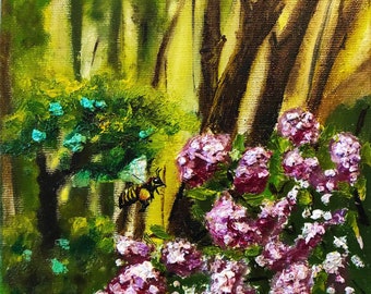 Bee Painting Floral Oil Original Art Tree Painting Flowers Artwork Landscape Forest Wall Art 8"by 8" by AlinaArtsGallery