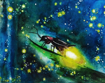 Firefly Painting Watercolor Original Art Nature Painting Fantasy Artwork Light Wall Art by AlinaArtsGallery