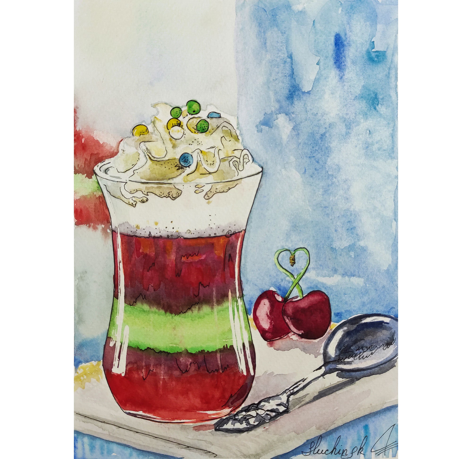 Dessert Painting Watercolor Original Art Cherry Painting Food Still Life Kitchen - Photo 1 sur 12