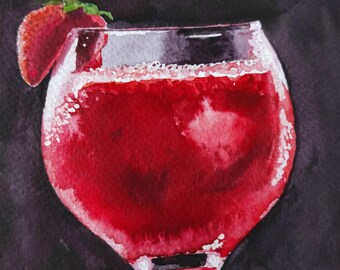 Cocktail Artwork Watercolor Original Art Strawberry Painting Cafe Artwork Still Life Vibrant Wall Art by AlinaArtsGallery