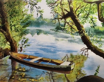 Boat Painting Watercolor Original Art Landscape Tree Artwork River Wall Art by AlinaArtsGallery