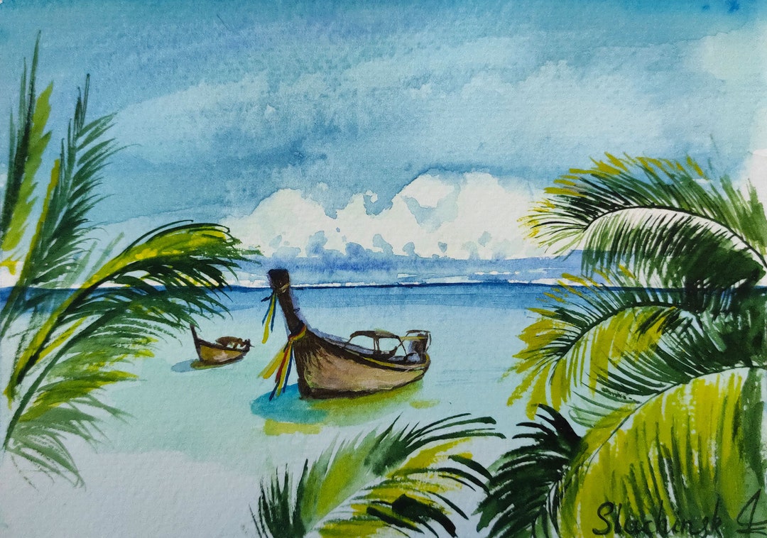 Boat Artwork Watercolor Original Art Hawaii Painting Sky Etsy