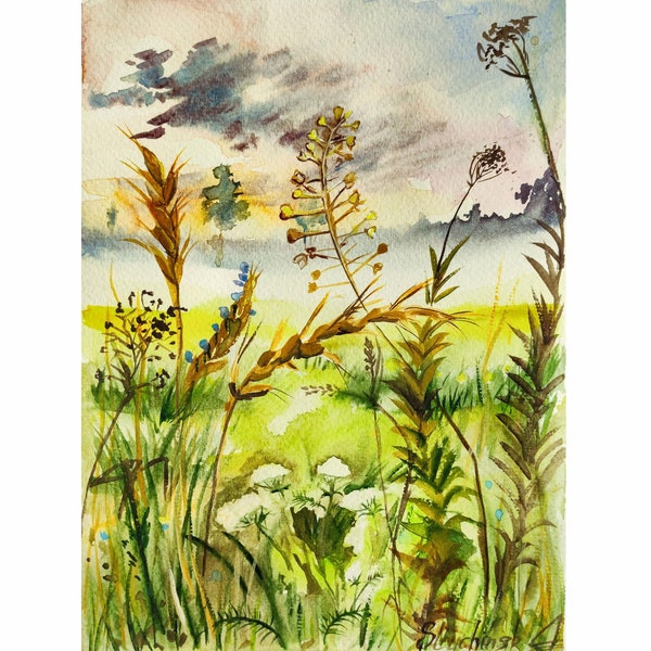 Meadow Painting Watercolor Original Art Botanical Artwork Wildflower Painting Nature Wall Art by 7"by 10" AlinaArtsGallery