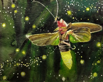 Firefly Painting Light Watercolor Original Art Nature Artwork Animal Wall Art by AlinaArtsGallery