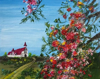 Village, peinture à l'huile, oeuvre d'art originales de fleurs, paysage, église, peinture, botanique, art mural, 20 x 20 cm par AlinaArtsGallery