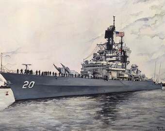 Warship Painting Watercolor Original US Navy Artwork Seascape Ocean Wall Art by AlinaArtsGallery