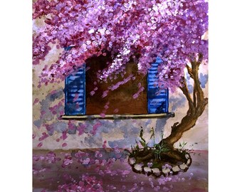 Sakura Painting Gouache Original Art Cherry Vibrant Artwork Floral Wall Art 10 "by 12" di AlinaArtsGallery