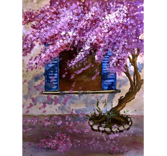 Original Painting Cherry Blossoms Wall Art Pink and Purple Flowers