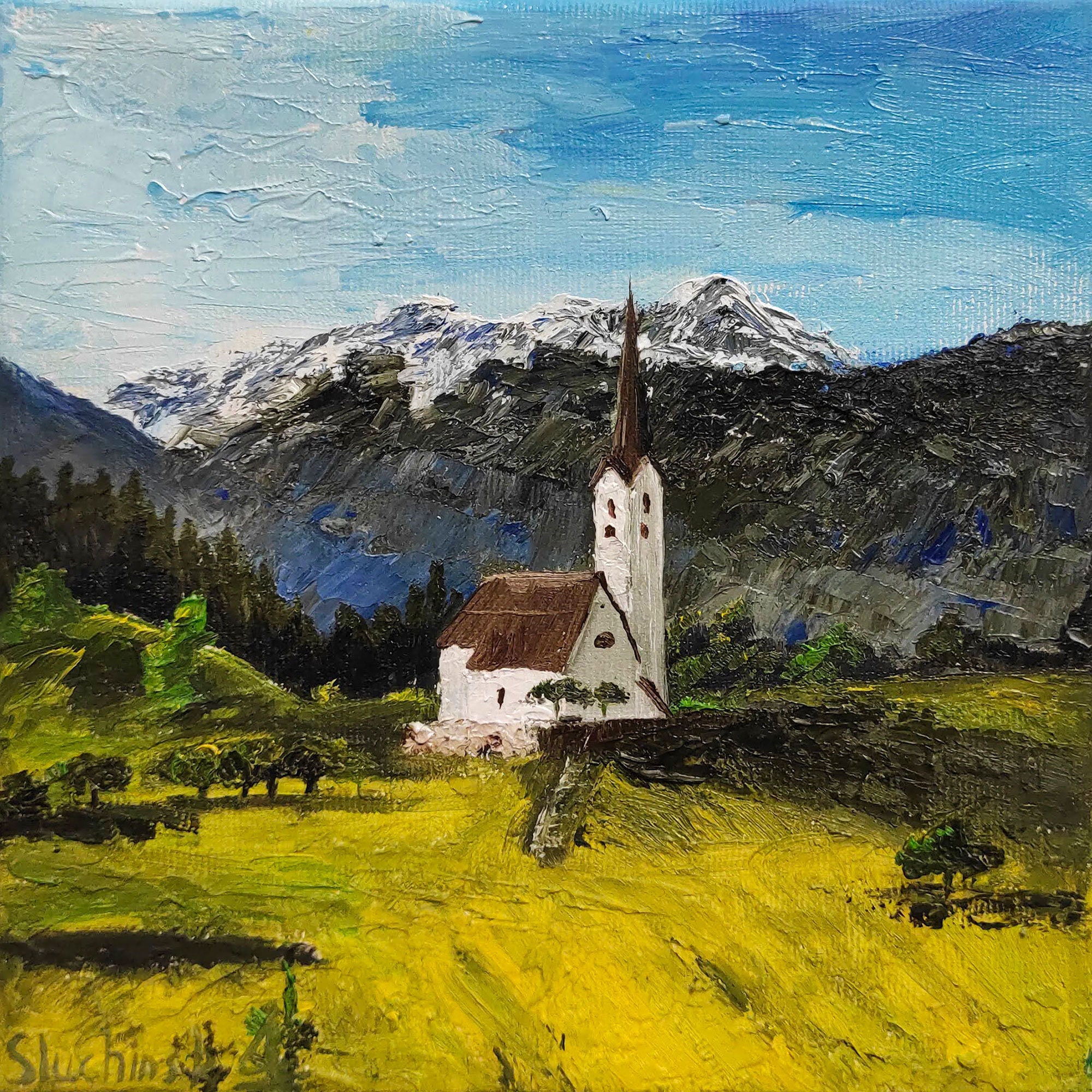 Mountains Painting Original Art Meadow Painting Textured Artwork Landscape