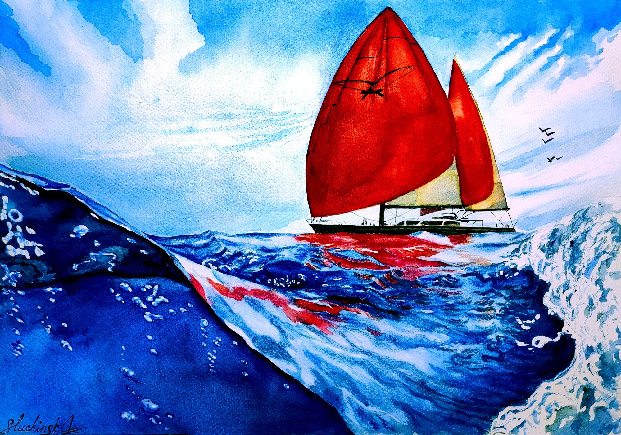 Sailboat Painting Red Sails Yacht Watercolor Original Art Ship Painting Seascape