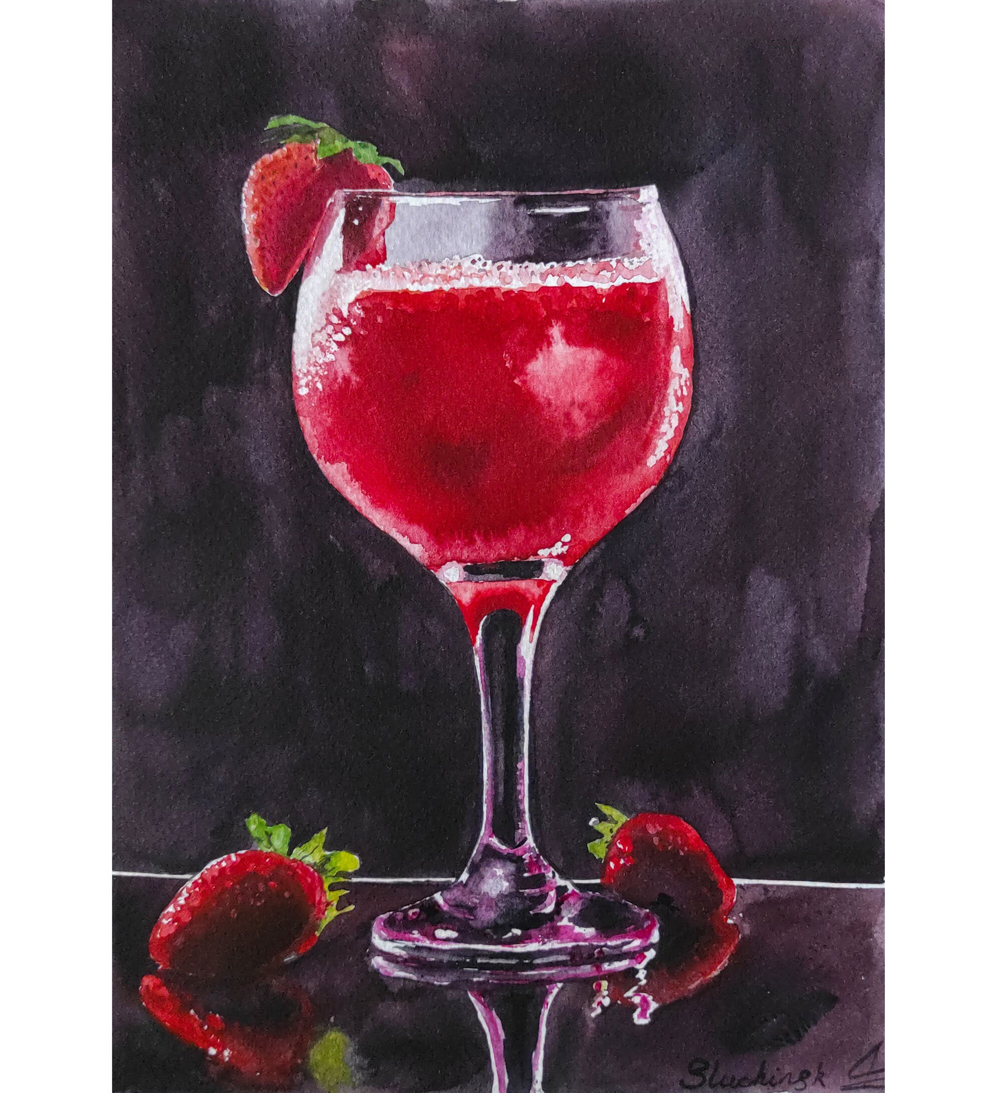 Cocktail Watercolor Original Art Strawberry Bar Artwork Still Life Vibrant - Photo 1 sur 12