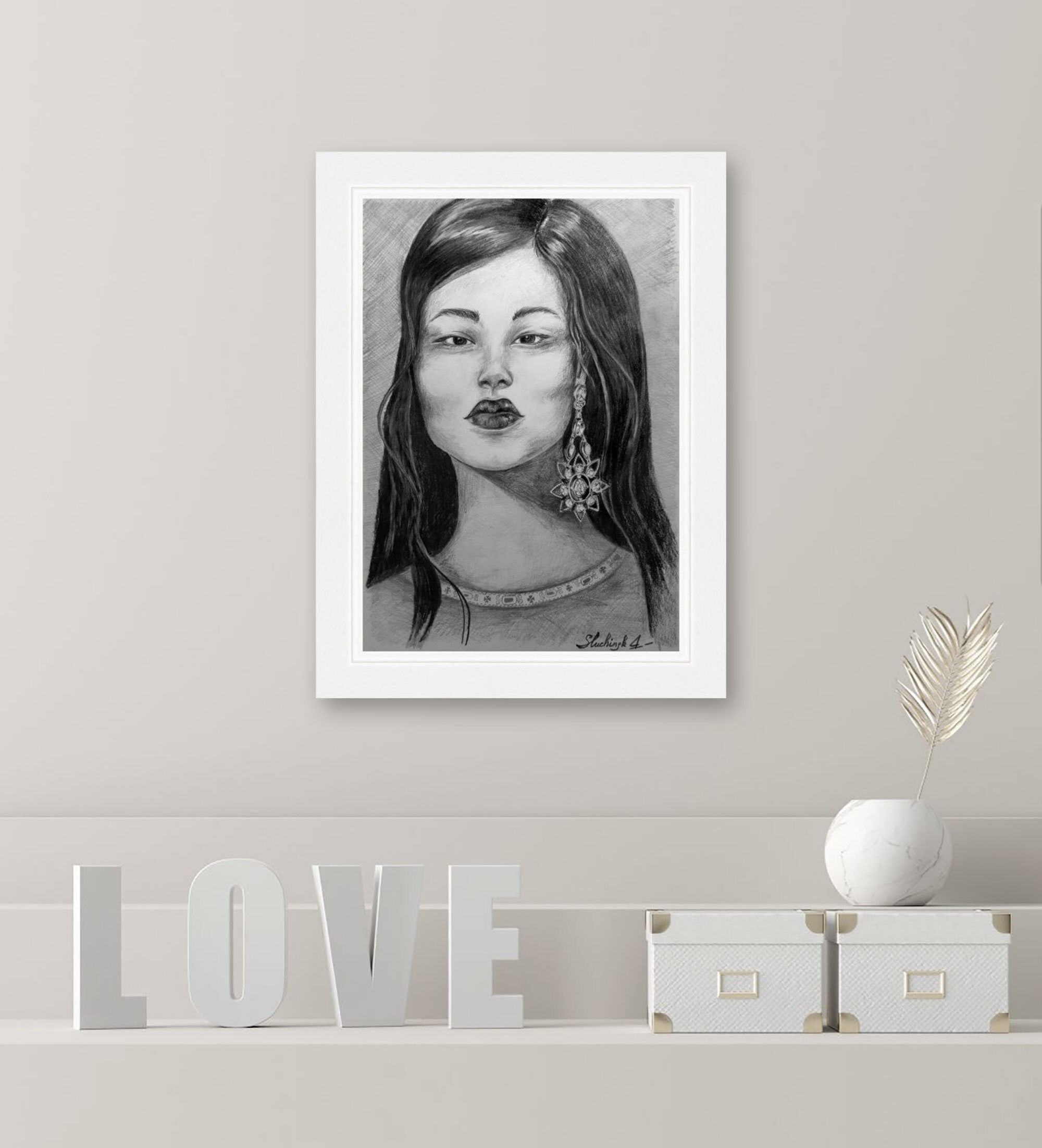 Female Drawing Original Pencil Art Girl Painting Black and Etsy