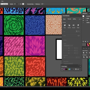 Könnte beinhalten: Eine digitale Illustration eines Gitters aus bunten abstrakten Mustern. Die Muster bestehen aus Wirbeln, Linien und Formen. Das Bild ist im Stil der digitalen Kunst.