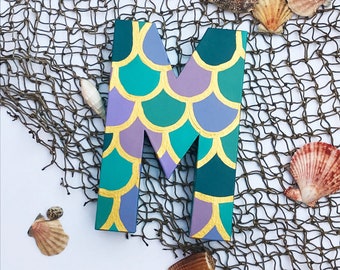 Hand-Painted Mermaid Scale Wood Letter, Coastal Beach Decor