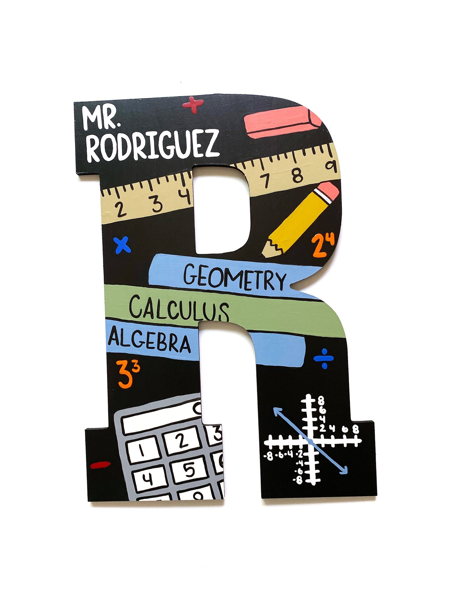 Math With Letter R Image Hand-painted Math Teacher Wood Letter Sign, Algebra Teacher Classroom ...