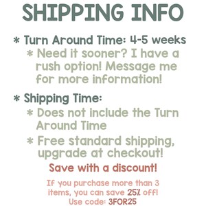 May include: Text on a white background reads "SHIPPING INFO" in large, teal letters. Below, bullet points detail turnaround and shipping times, and a discount offer. The text is in a casual, readable font.