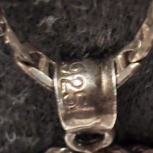 Puede incluir: Una reasa de colgante en tono plateado unida a una cadena a juego. La reasa presenta el texto grabado 925, que indica una composici&oacute;n de plata de ley. La superficie met&aacute;lica muestra un acabado pulido con detalles visibles en los eslabones.