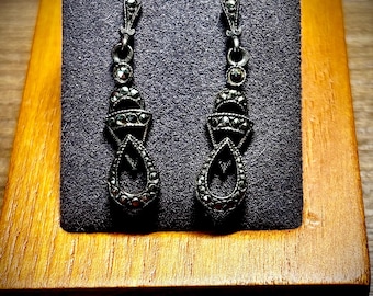 Vintage Marcasite Dangle Drop Triangular Geometric Earrings Deco Style