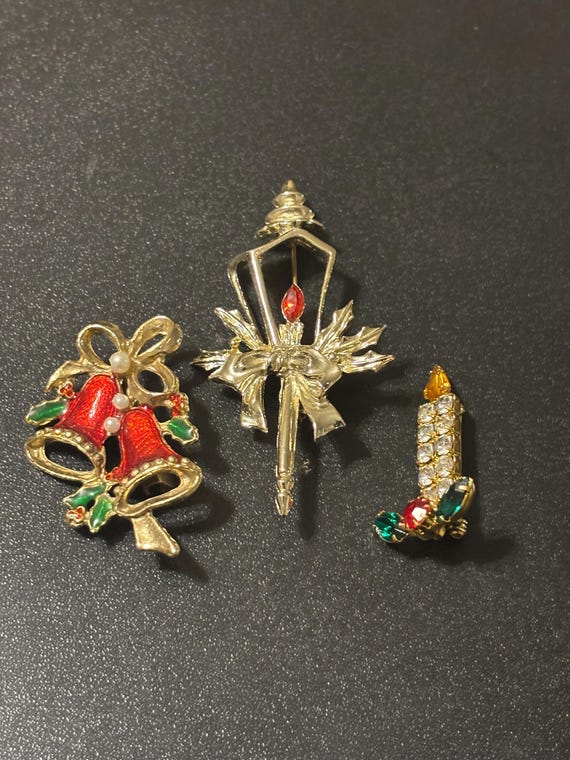 Vintage Christmas Brooches Christmas Street Light, Christmas Bells and Christmas Candle