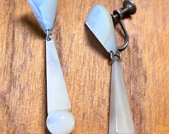 Vintage Mother of Pearl Art Deco Drop Earrings, Teardrop Torpedo Obelisk Style