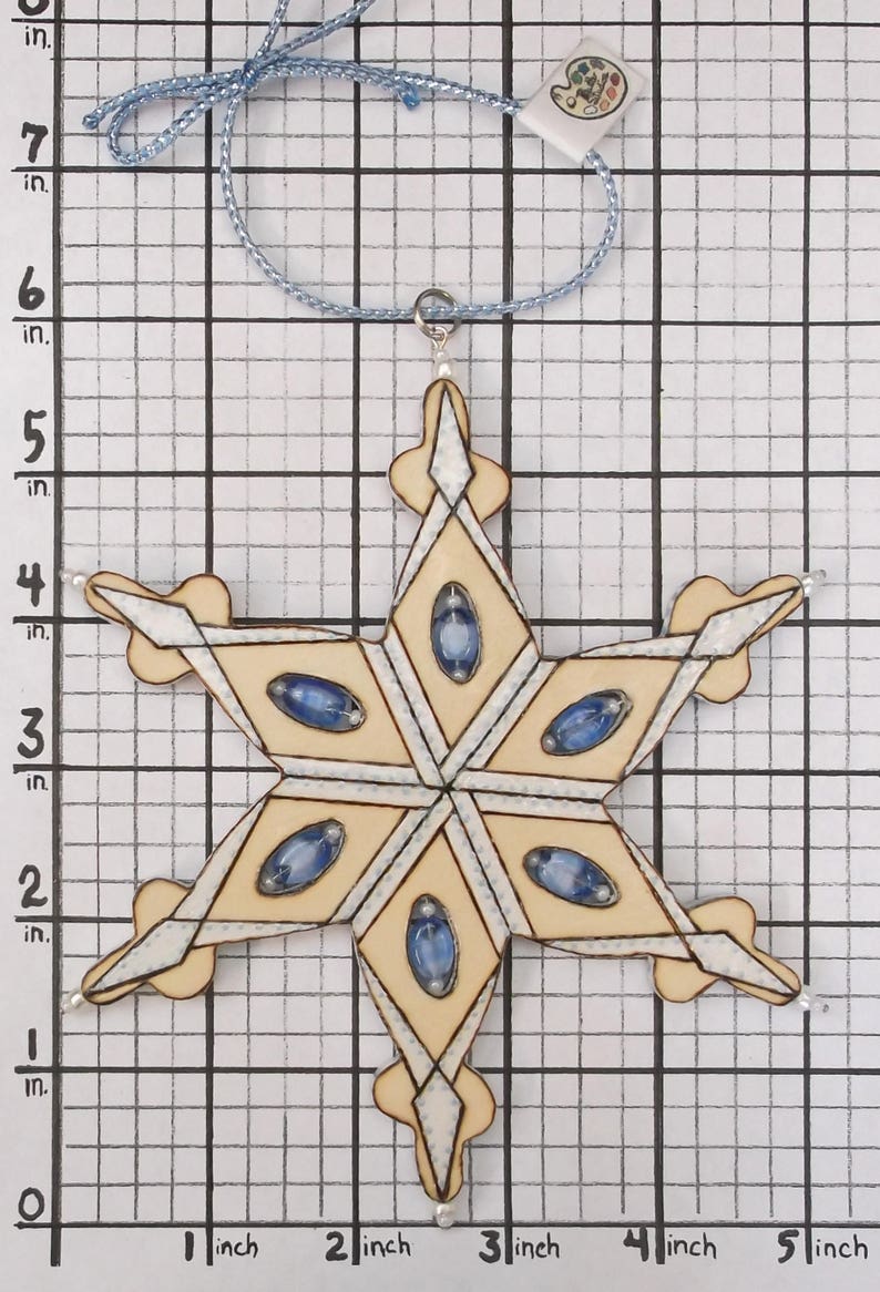 Holiday Beaded Snowflake Ornament3D Woodburned OrnamentLarge Blue /& White Xmas Tree OrnamentWinter SolisticeOne of a KindHandmade in CO