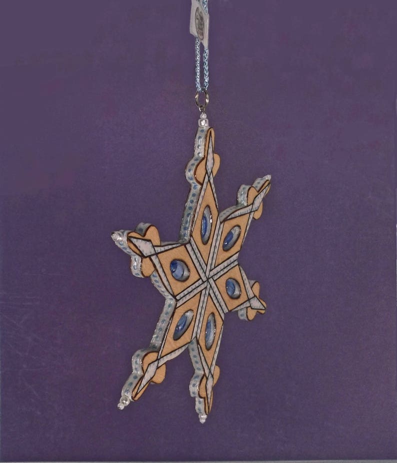 Holiday Beaded Snowflake Ornament3D Woodburned OrnamentLarge Blue /& White Xmas Tree OrnamentWinter SolisticeOne of a KindHandmade in CO
